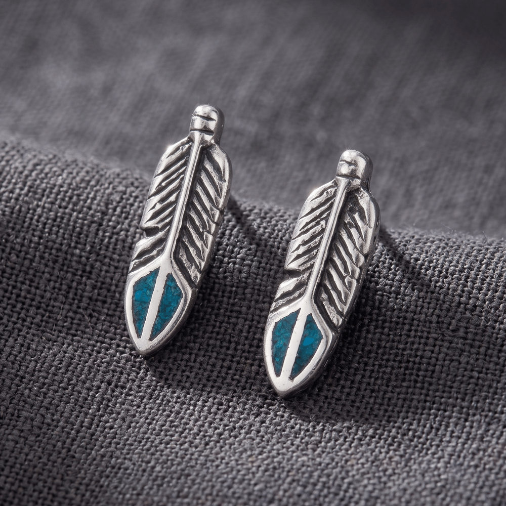 Oxidized Turquoise Chip Inlay Feather Stud Earrings