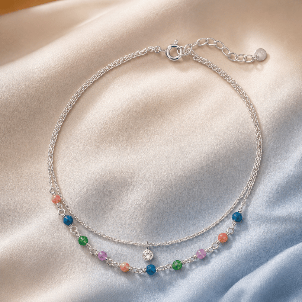 9" + 1" Multicolor Jade and CZ Double Strand Anklet