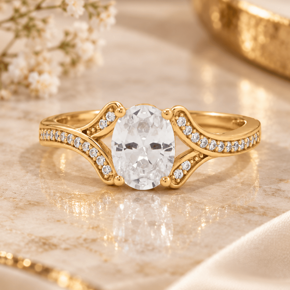 14 Karat Gold Plated Solitaire Oval Ring with CZ Band - view 2
