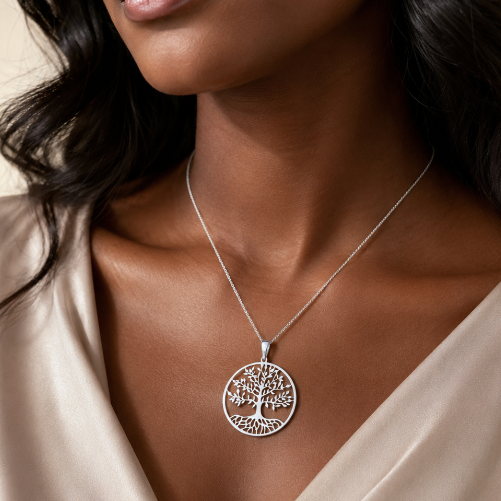 16"+ 2" Rhodium Plated Tree of Life Necklace