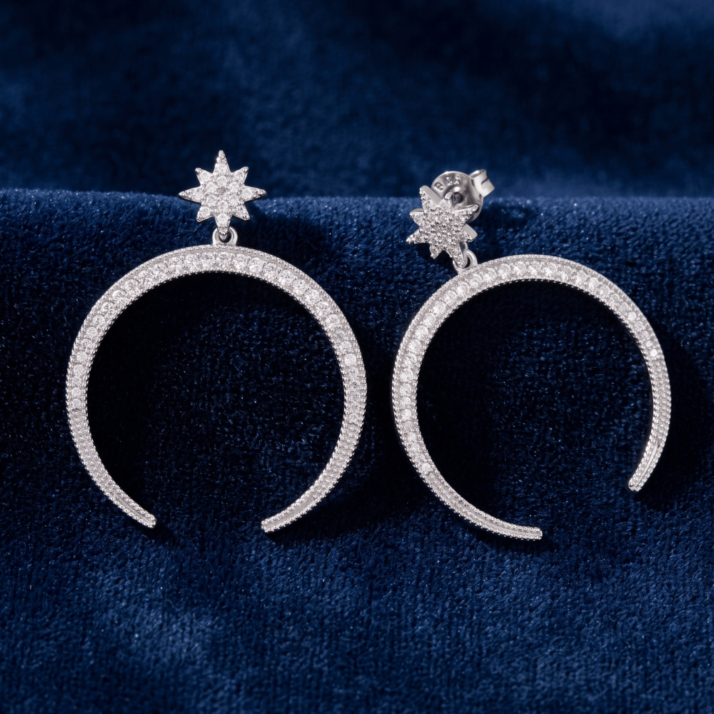 Rhodium Plated Star CZ and Crescent Drop Fashion Earrings