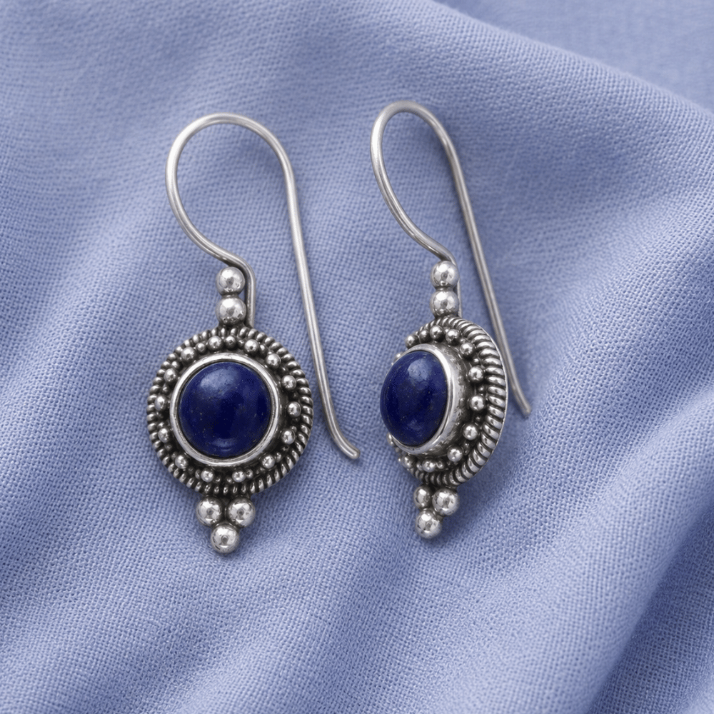 Oxidized Lapis Bead and Rope Edge Bali Earrings
