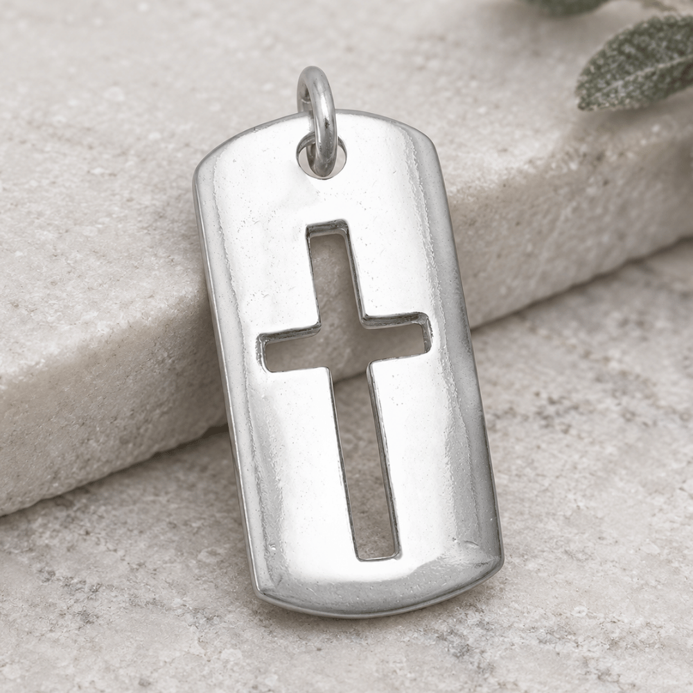 Rectangular Tag with Cutout Cross Pendant