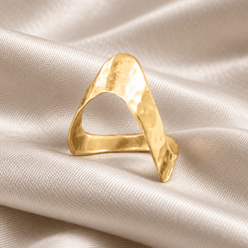 14 Karat Gold Plated Hammered "V" Chevron Ring
