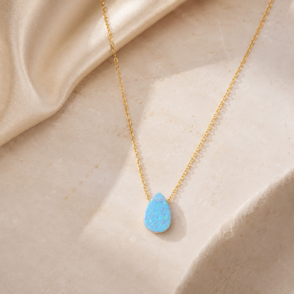 16" + 2" 14 Karat Gold Plated Synthetic Opal Pear Necklace