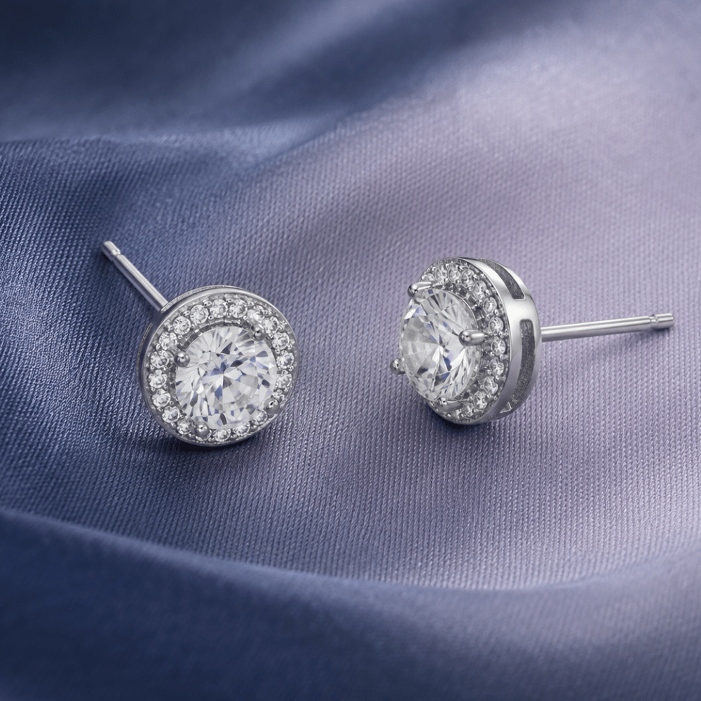 Rhodium Plated Elegant 6.5mm CZ Halo Studs