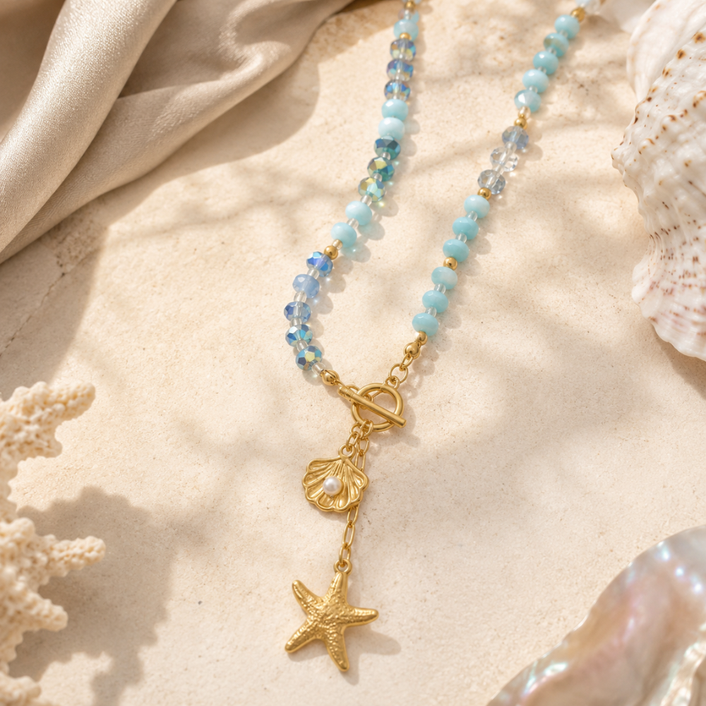 16" Gold Tone Seashell and Starfish Drop Fashion Toggle Necklace