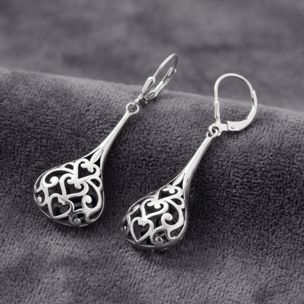 Oxidized Filigree Heart Pear Raindrop Earrings