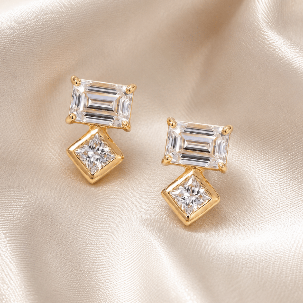 14 Karat Gold Plated Baguette and Square CZ Earrings