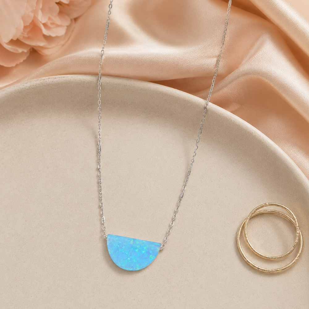 16" + 2" Rhodium Plated Synthetic Opal Semicircle Necklace