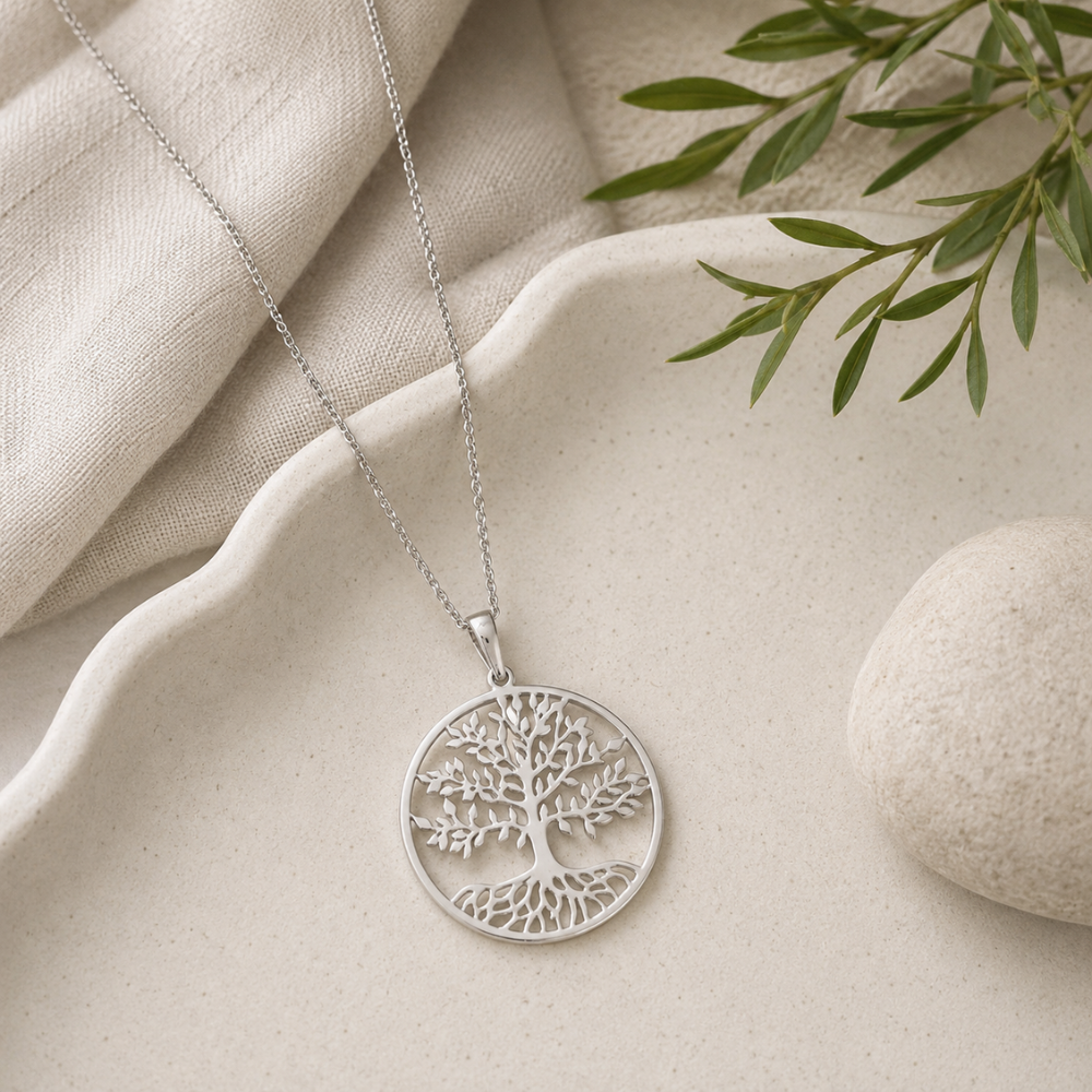 16"+ 2" Rhodium Plated Tree of Life Necklace