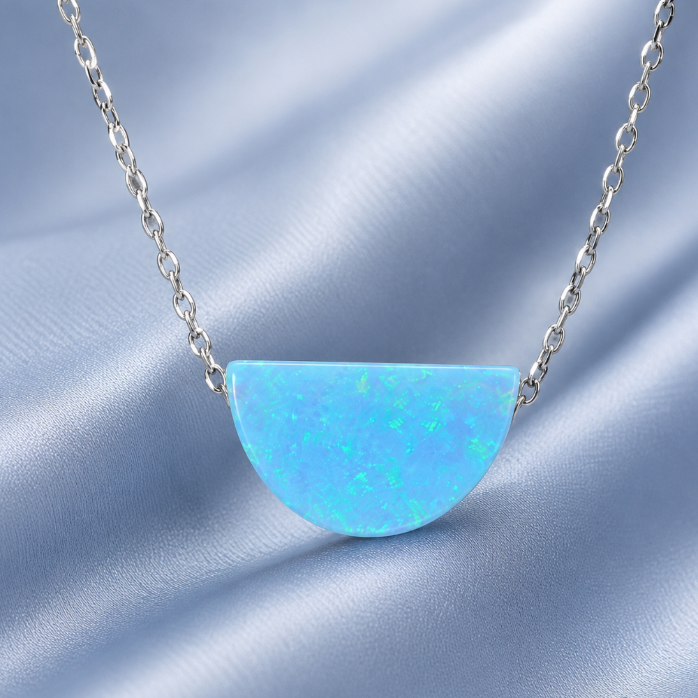 16" + 2" Rhodium Plated Synthetic Opal Semicircle Necklace