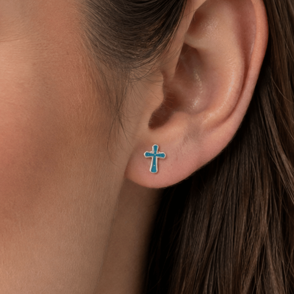Oxidized Turquoise Chip Cross Earrings