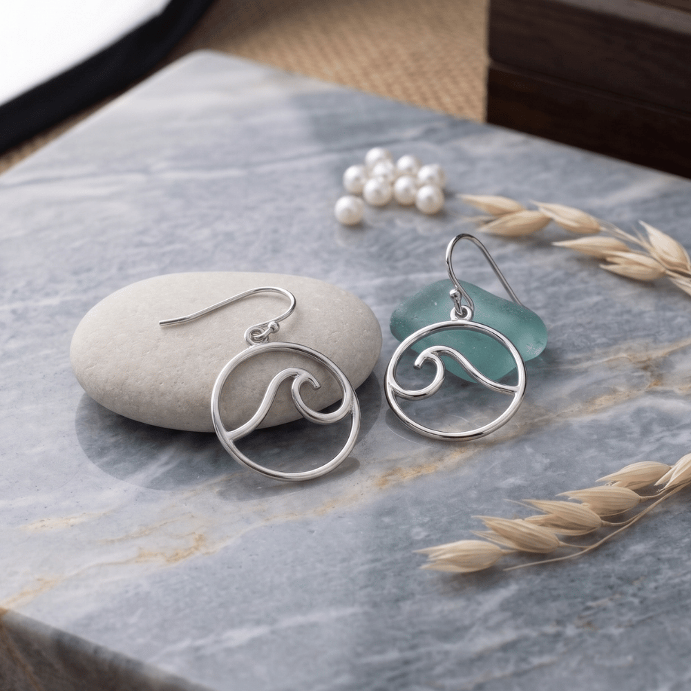 Rhodium Plated Outline Wave French Wire Earrings