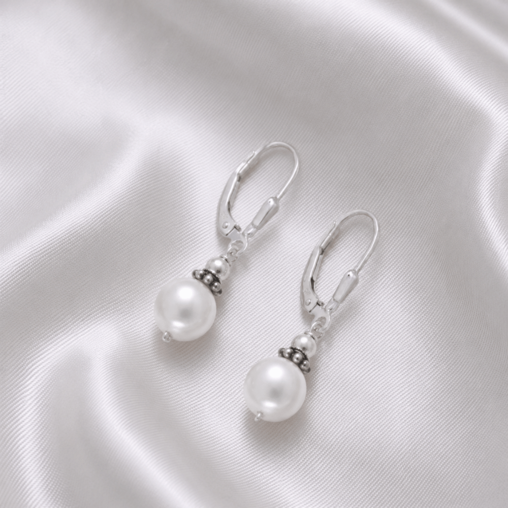 White Cultured Freshwater Pearl with Bali Bead Lever Earrings