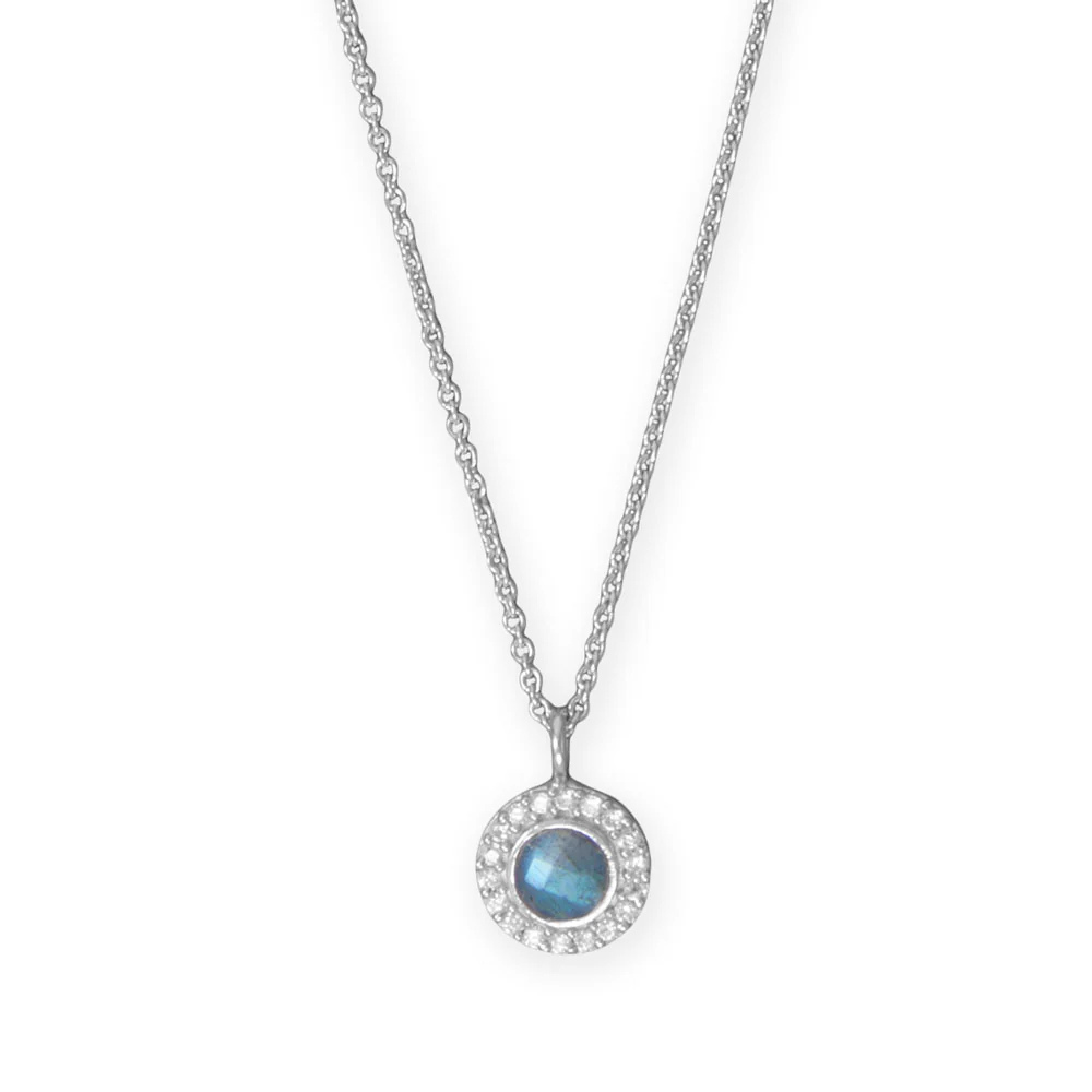 16" + 2" Rhodium Plated Labradorite and CZ Halo Necklace