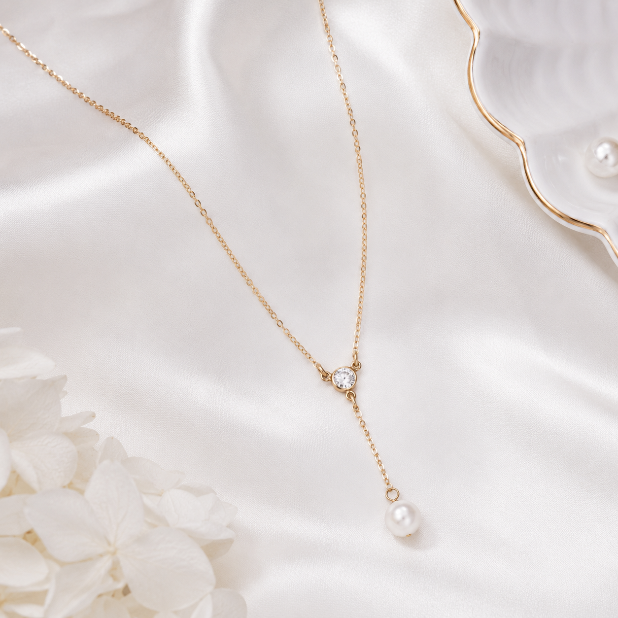 16" + 2" 14/20 Gold Filled CZ and Pearl Y Drop Necklace
