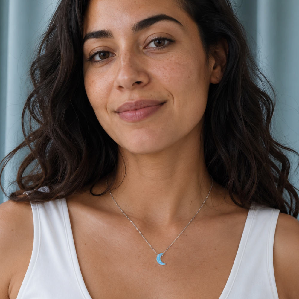 16" + 2" Rhodium Plated Synthetic Opal Moon Necklace