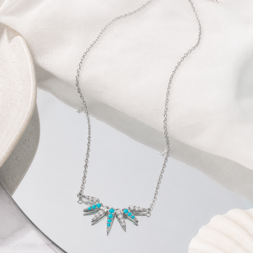 16" + 2" Rhodium Plated Synthetic Turquoise and CZ Spike Necklace