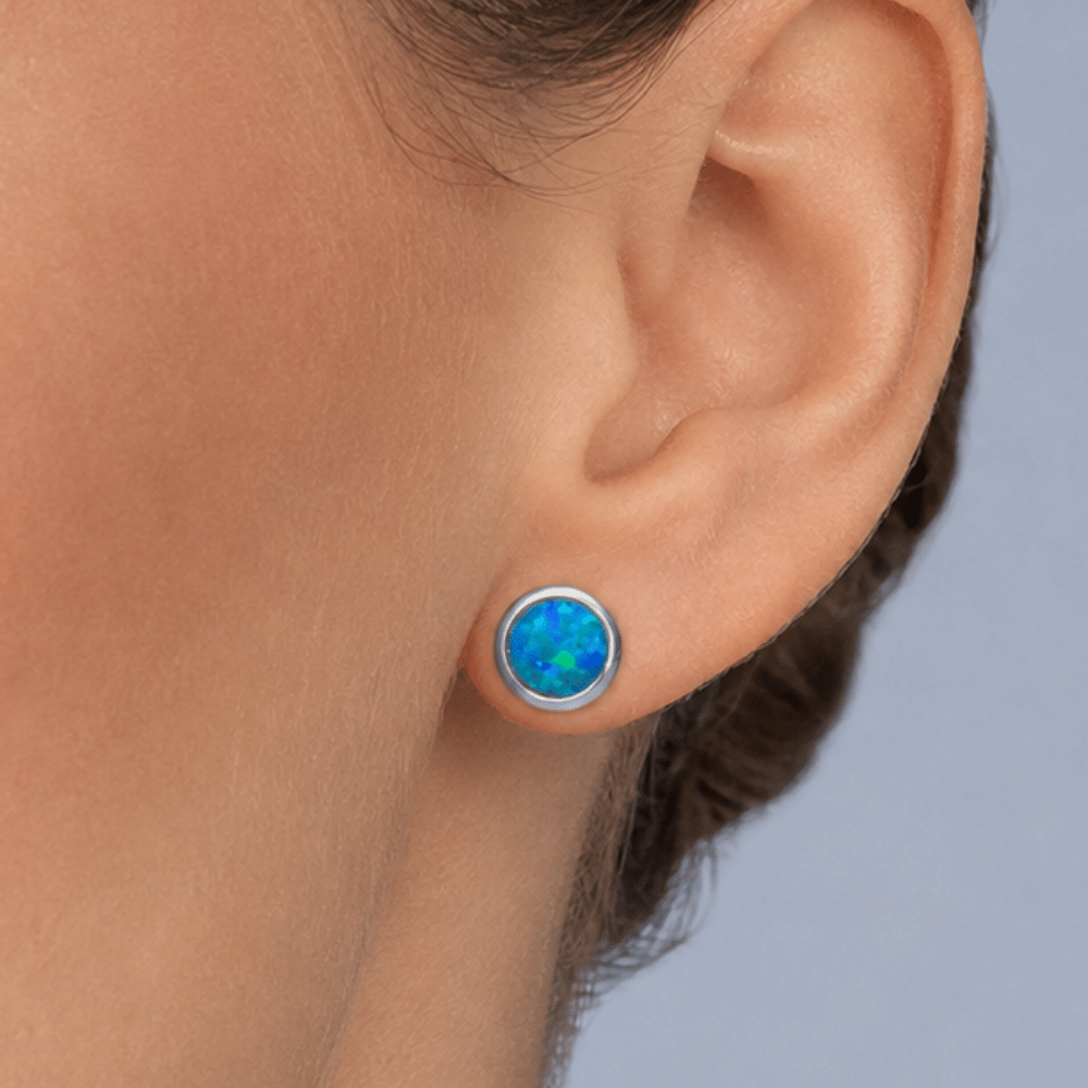 Rhodium Plated Synthetic Opal Stud Earrings