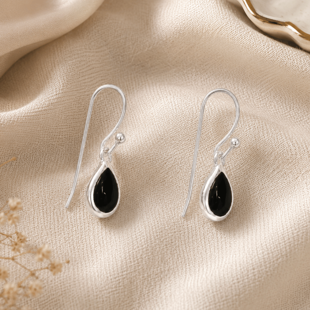 Pear Inlay Black Onyx French Wire Earrings