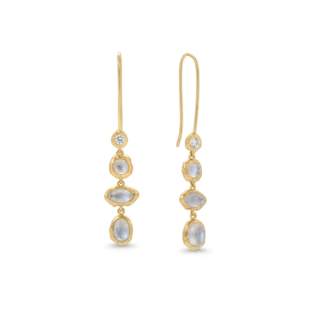14 Karat Gold Plated Hammered CZ and Rainbow Moonstone Earrings