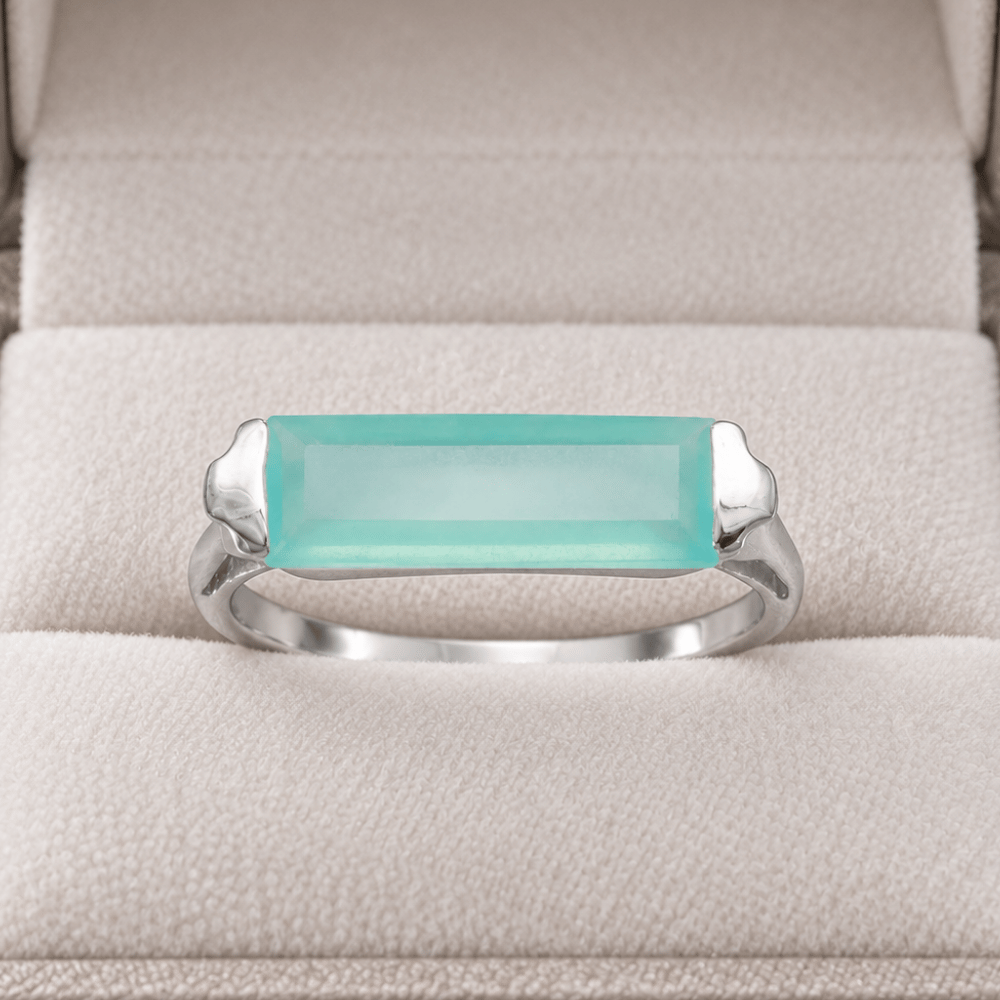 Rhodium Plated Green Chalcedony Bar Ring