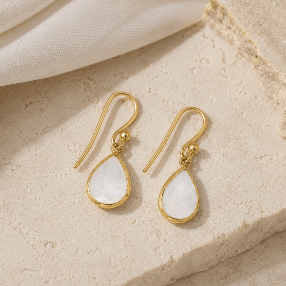14 Karat Gold Plated Pear Rainbow Moonstone Earrings