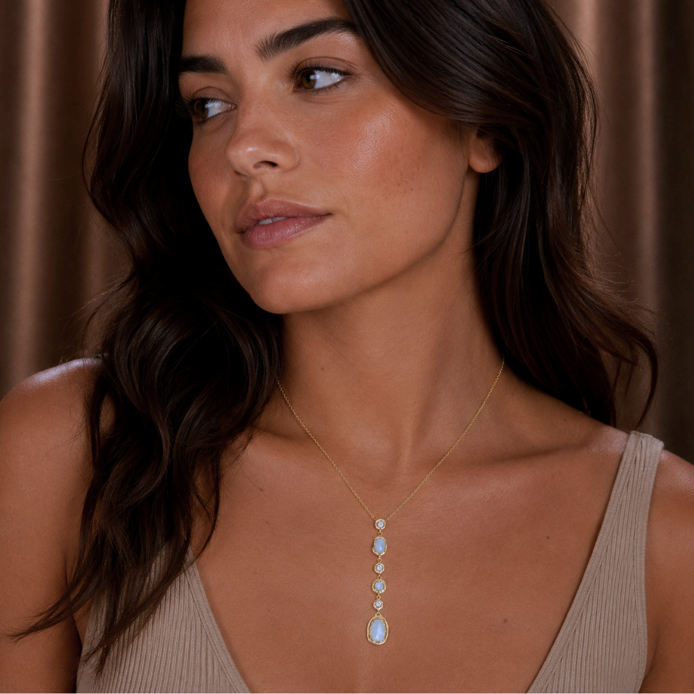 16" + 2" 14 Karat Gold Plated CZ and Rainbow Moonstone Drop Necklace