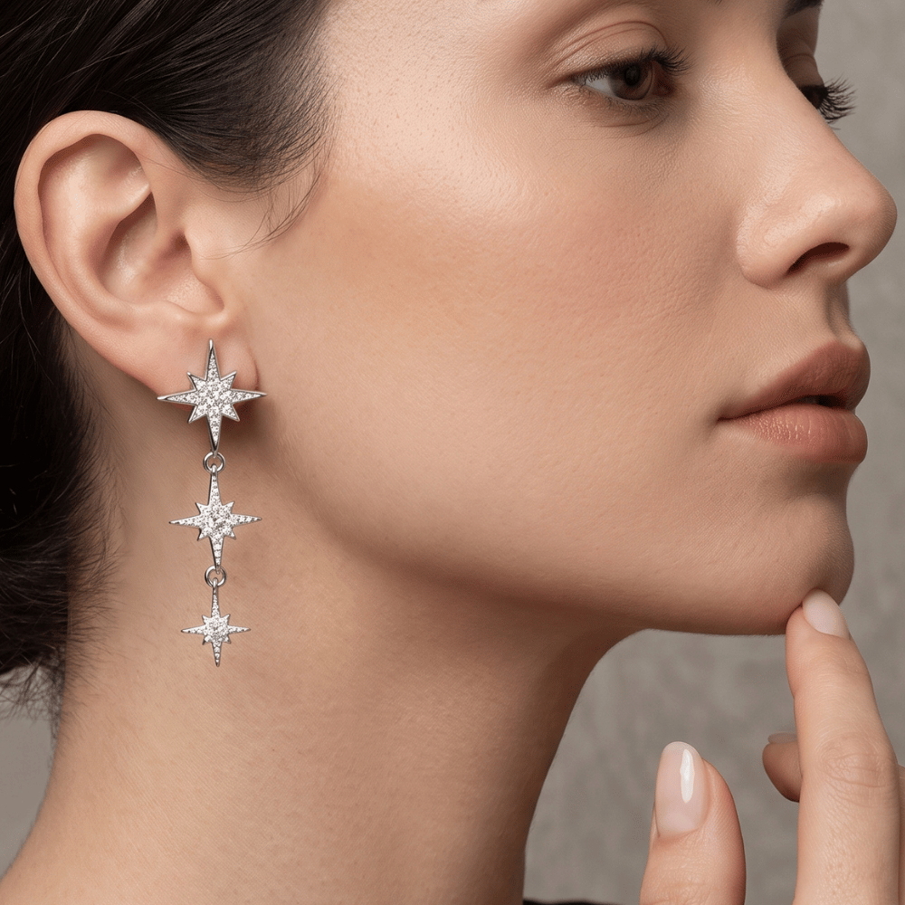 Rhodium Plated CZ Star Drop Earrings