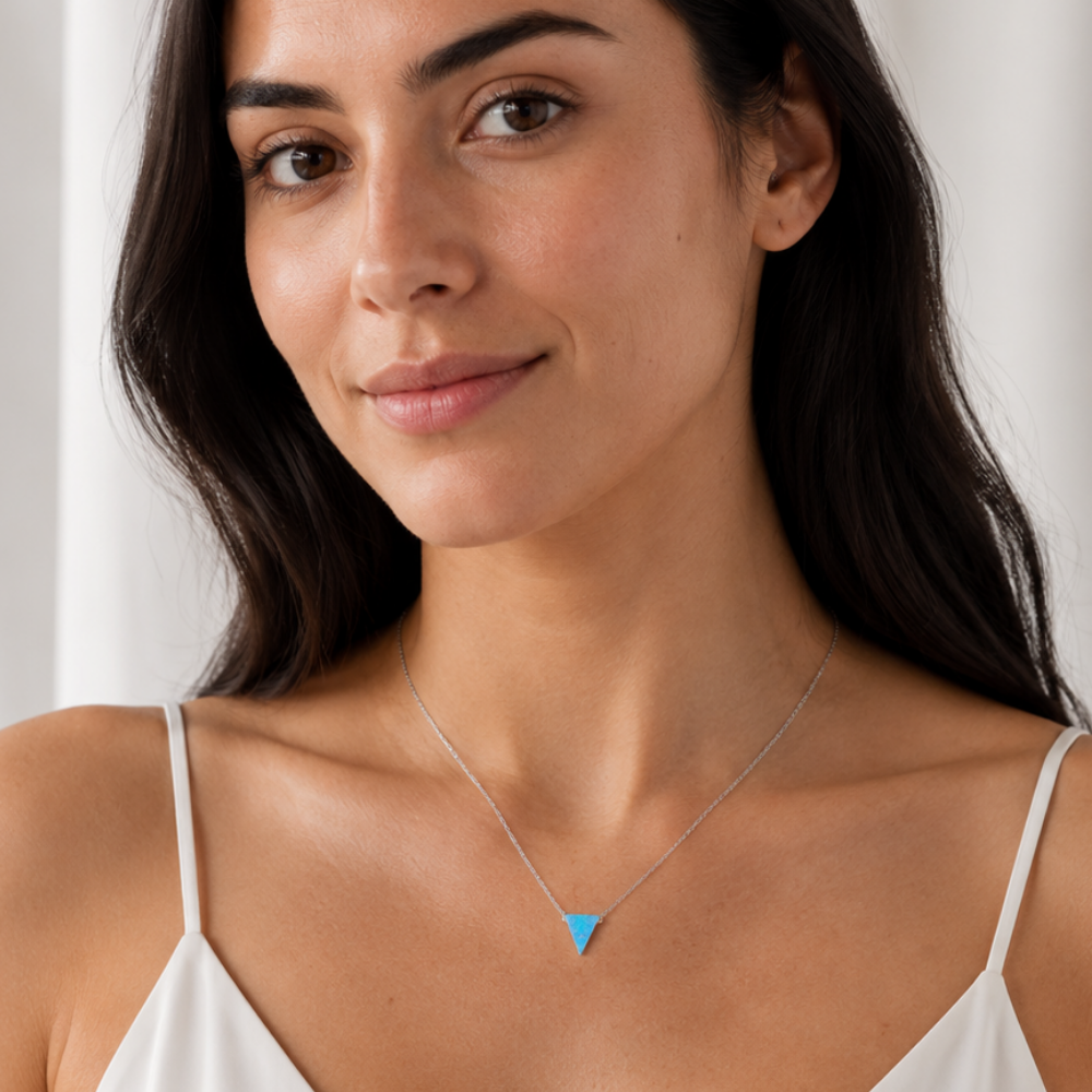 16" + 2" Rhodium Plated Synthetic Opal Triangle Necklace