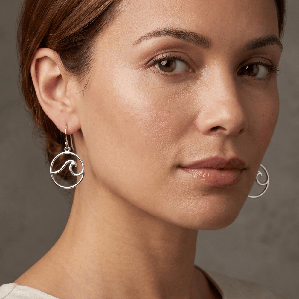 Rhodium Plated Outline Wave French Wire Earrings
