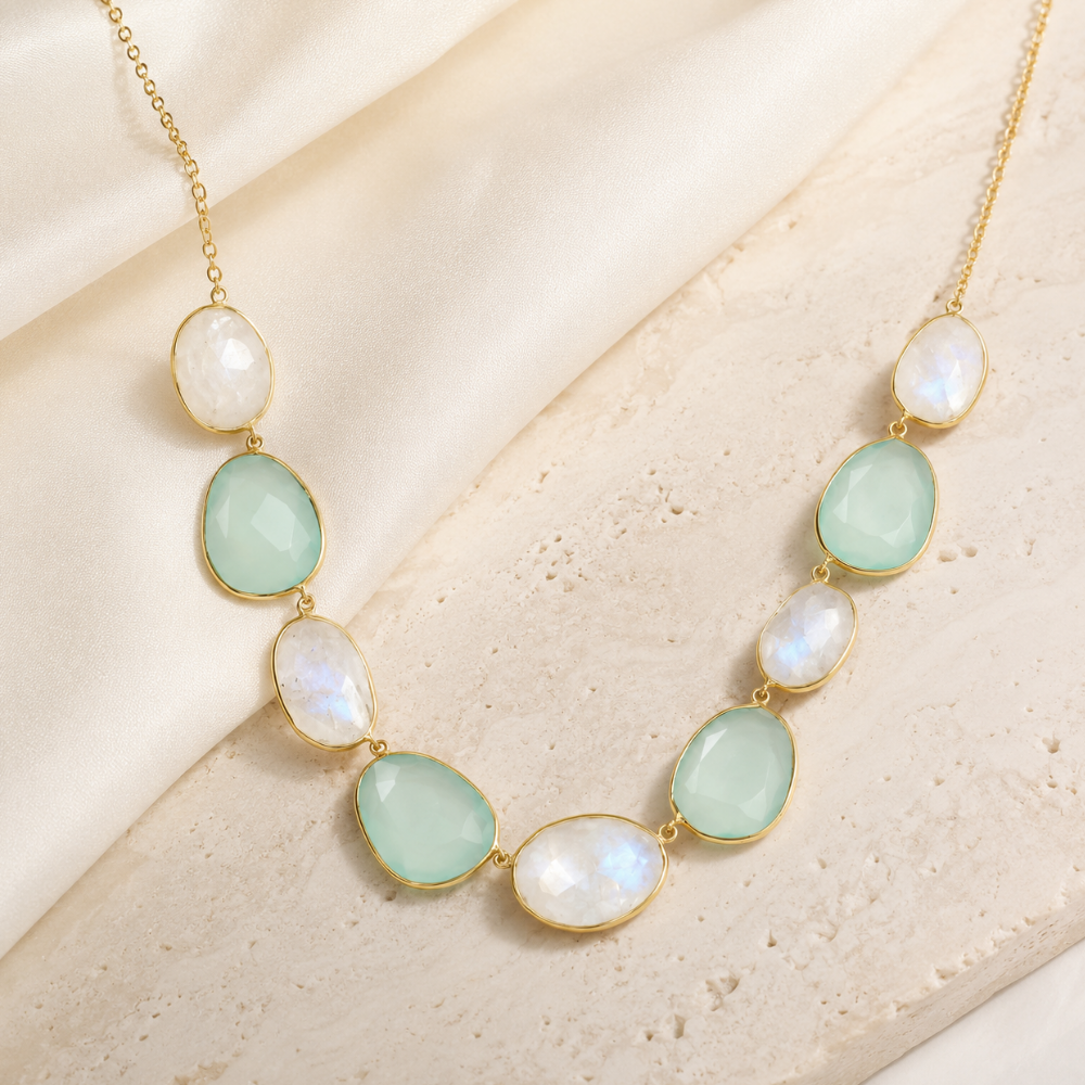 14 Karat Gold Plated Rainbow Moonstone and Green Chalcedony Necklace