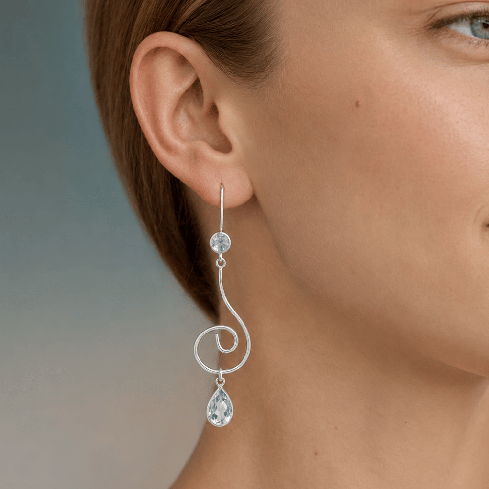 Swirl Design Earrings with Faceted Blue Topaz
