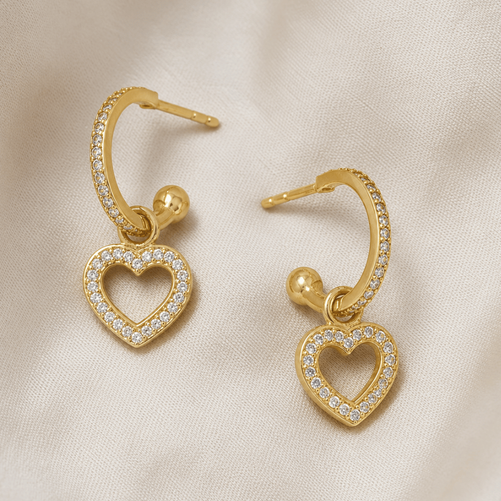 CZ Heart Charm Hoop Earrings