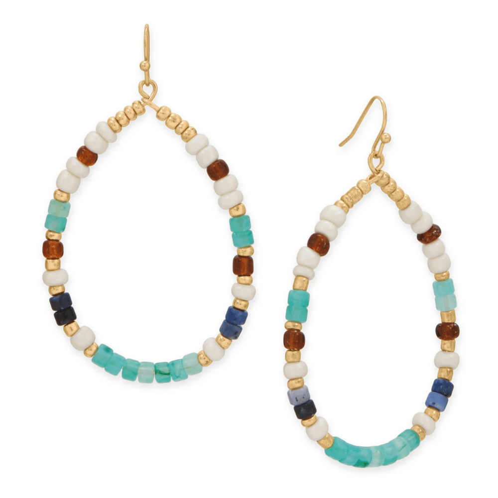 Gold Tone Multicolor Seed Bead Pear Drop Fashion Earrings