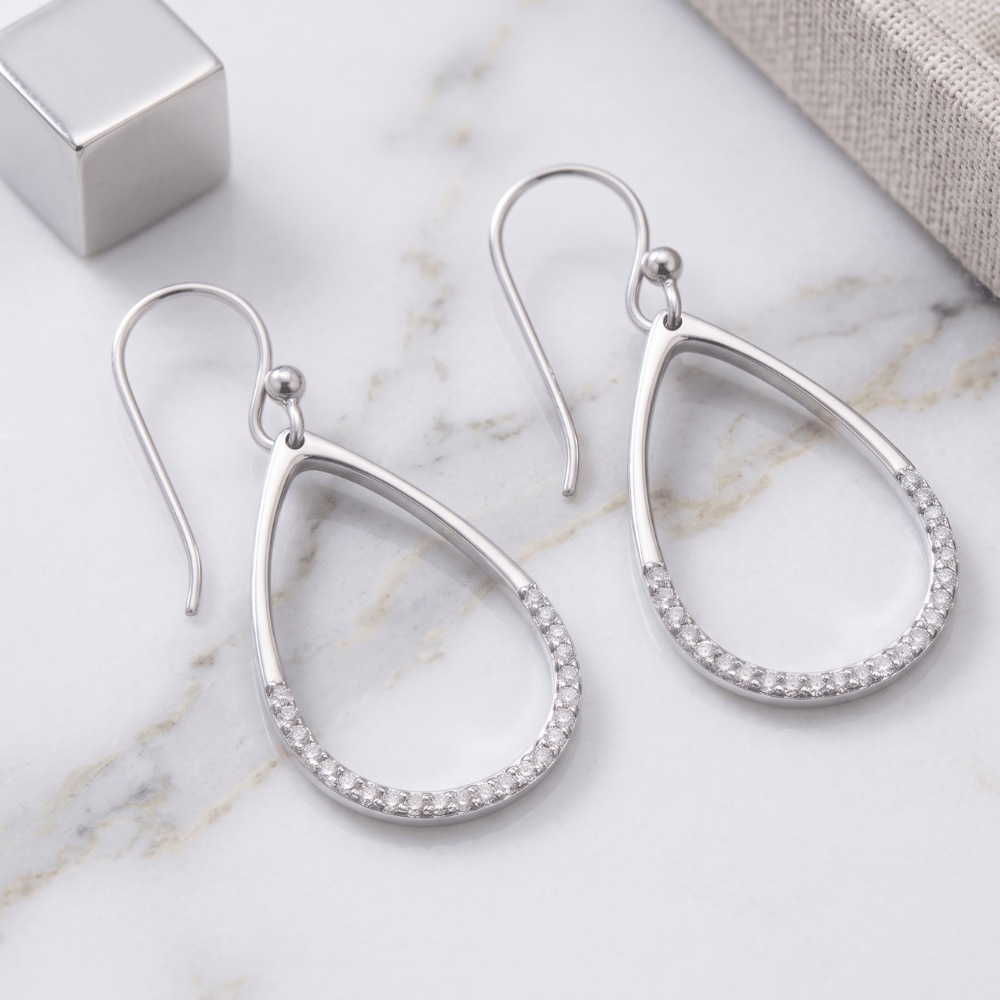 Rhodium Plated CZ Pear Drop Earrings