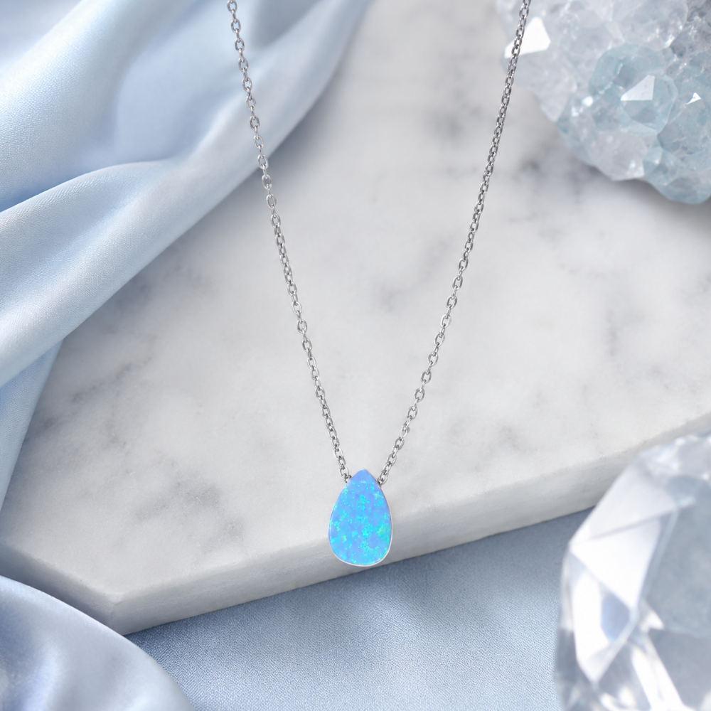 16" + 2" Rhodium Plated Synthetic Opal Pear Necklace