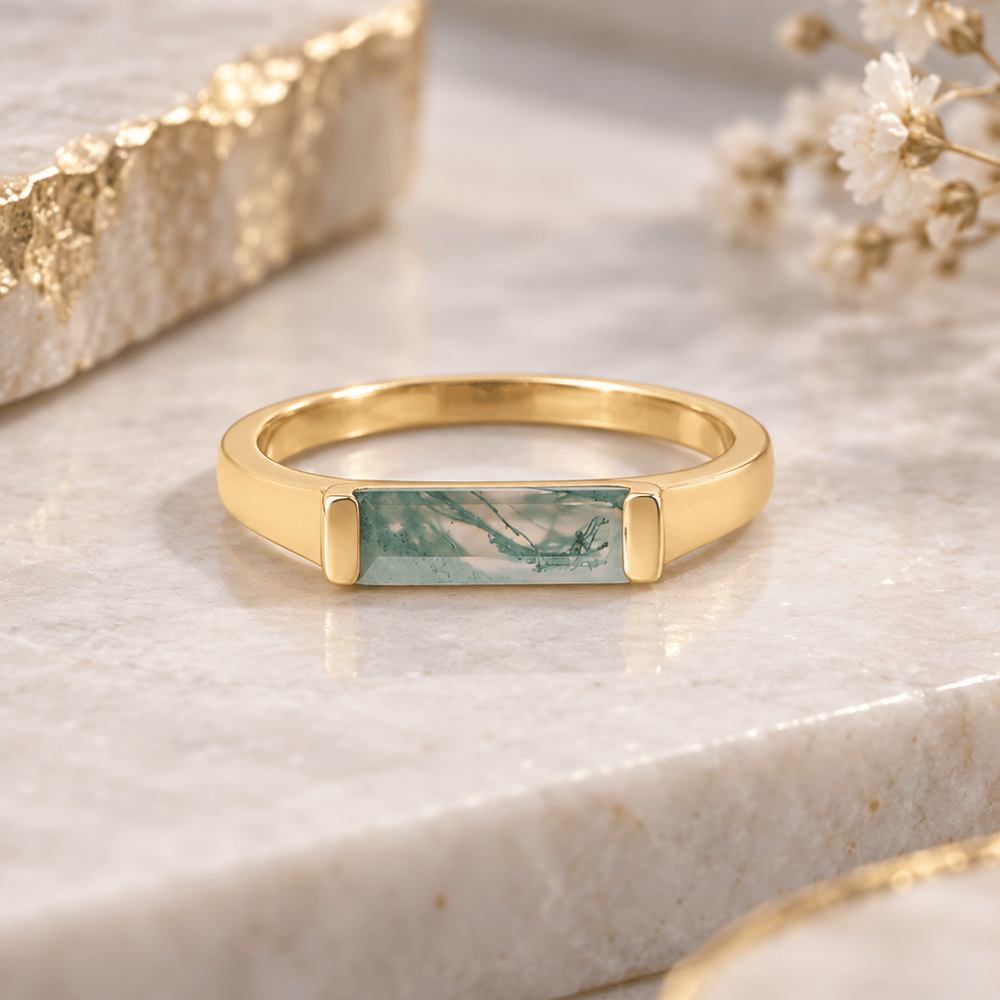 14 Karat Gold Plated Moss Agate Bar Ring
