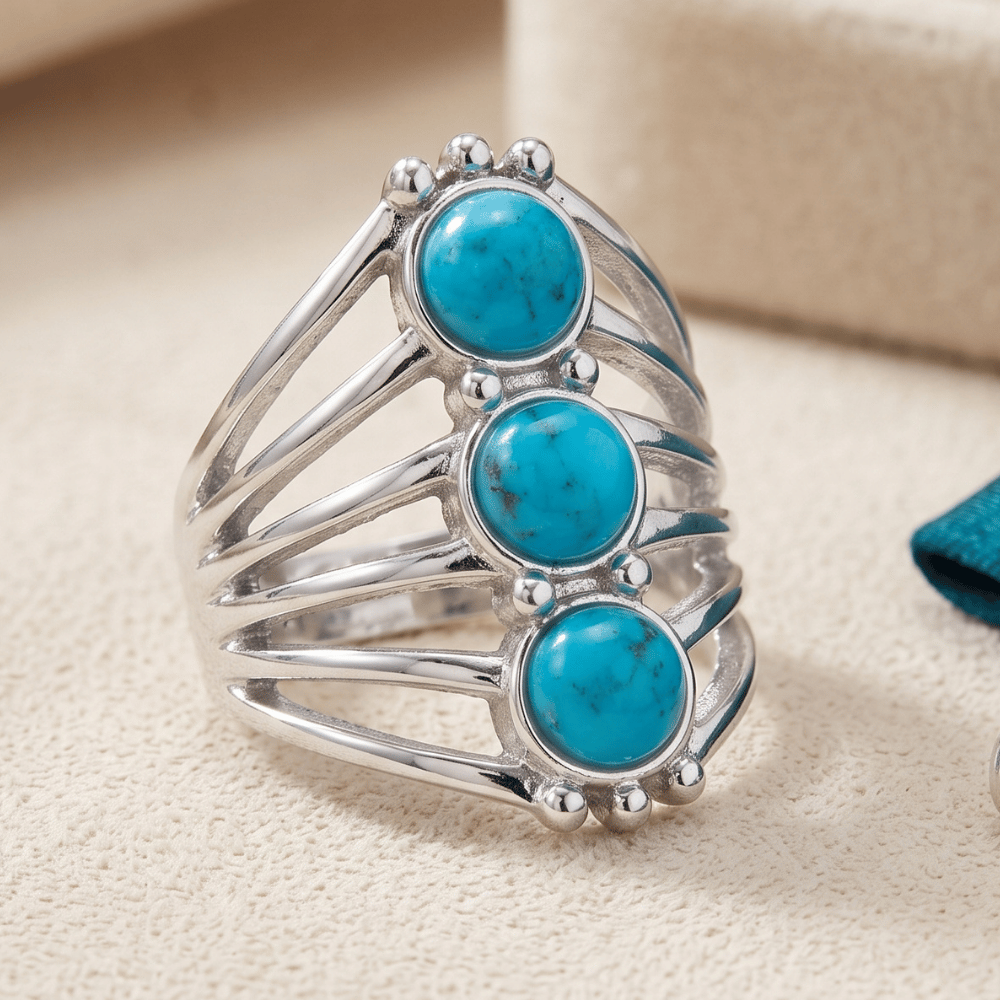 Polished Six Line Reconstituted Turquoise Ring