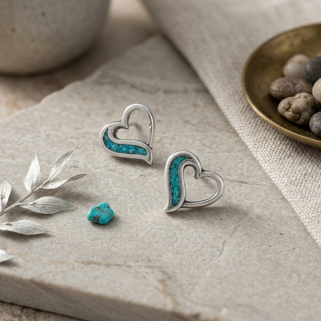 Turquoise Chip Heart Stud Earrings