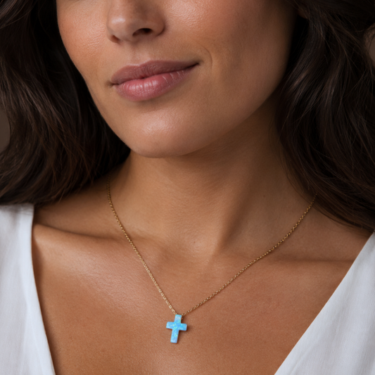 16" + 2" 14 Karat Gold Plated Synthetic Opal Cross Necklace