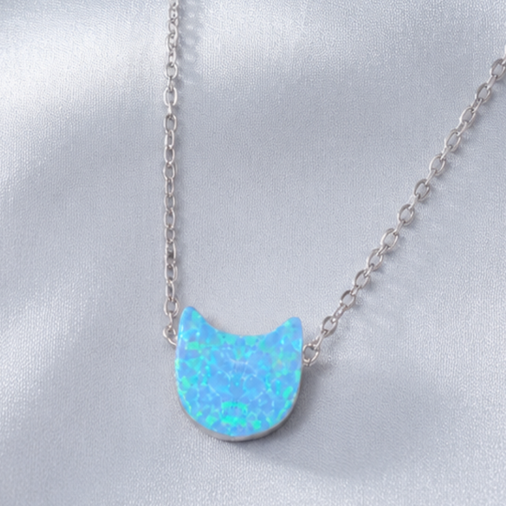 16" + 2" Rhodium Plated Synthetic Opal Kitty Cat Face Necklace