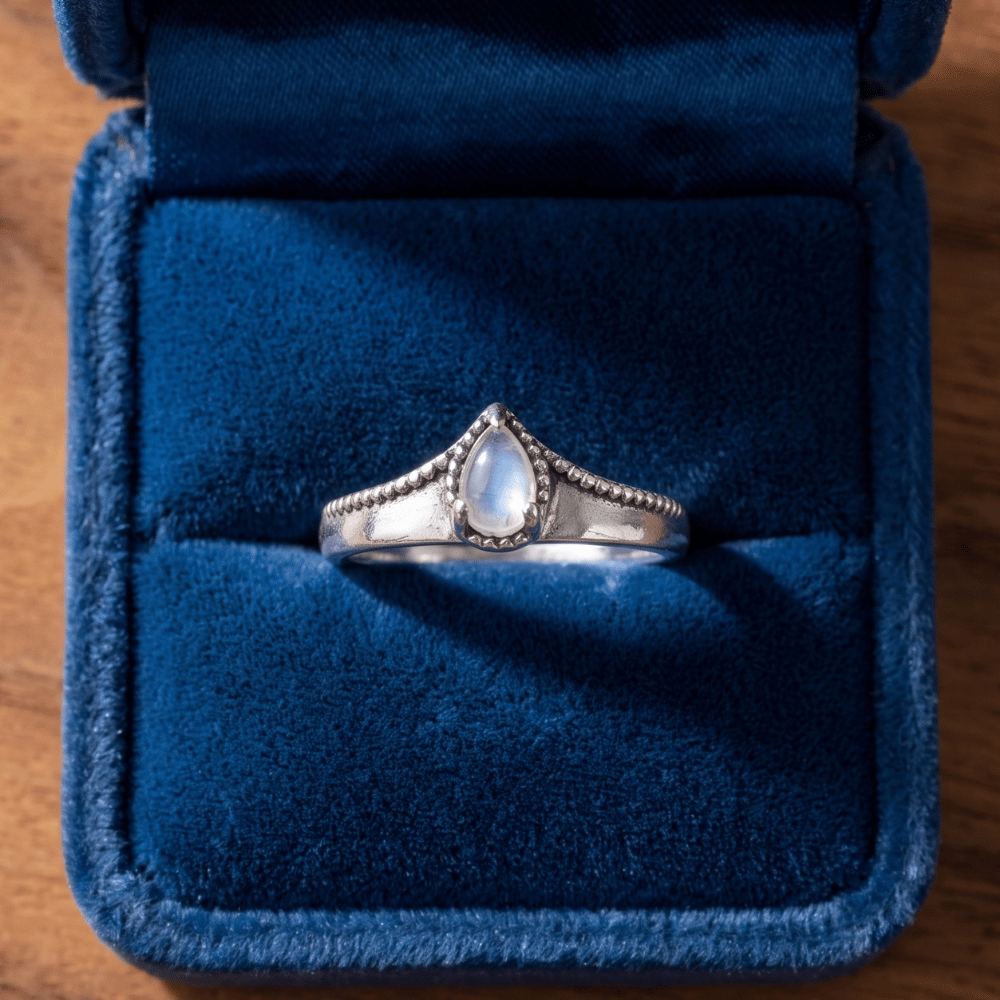 Oxidized Pear Rainbow Moonstone Bead Edge Ring