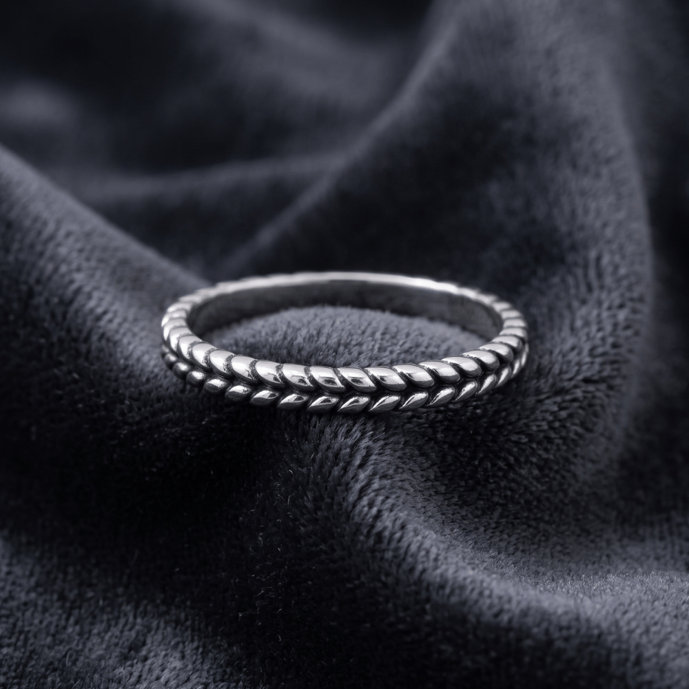 Rhodium Plated Oxidized Dainty Wheat Design Ring