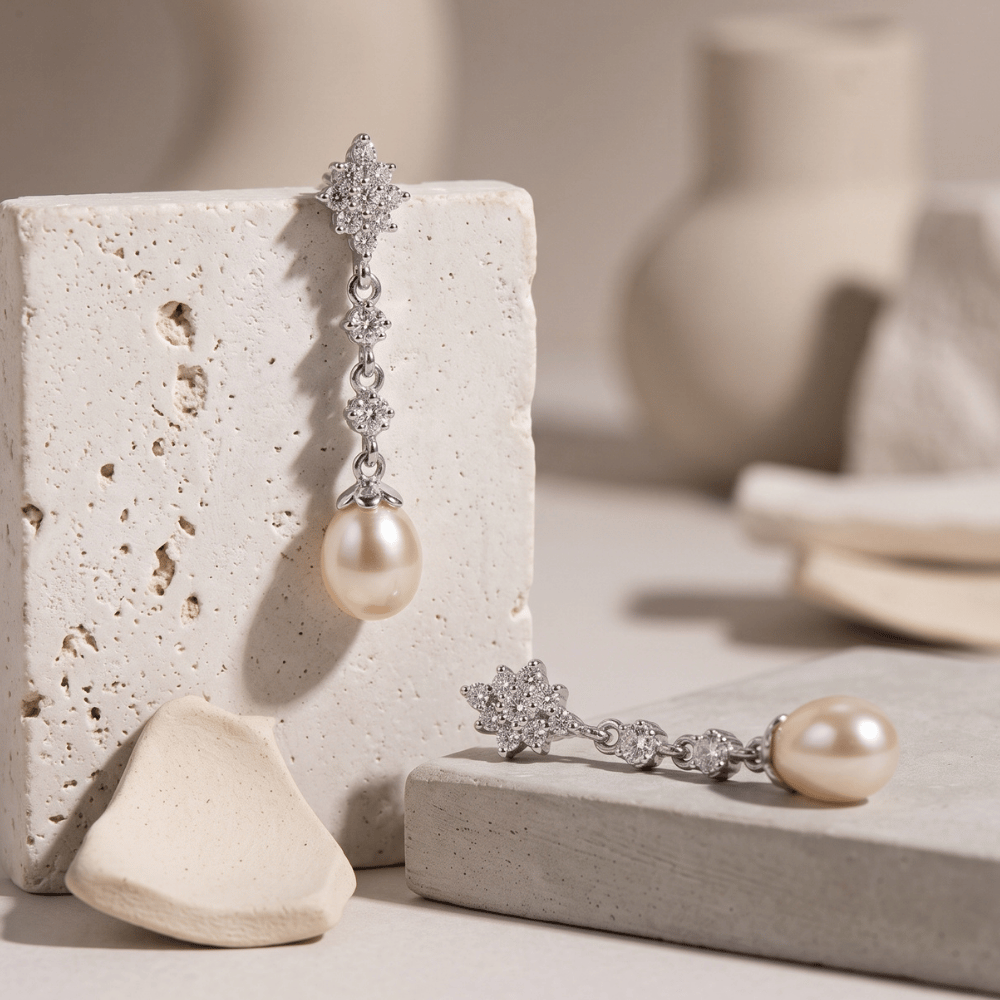 CZ and Cultured Freshwater Pearl Drop Earrings