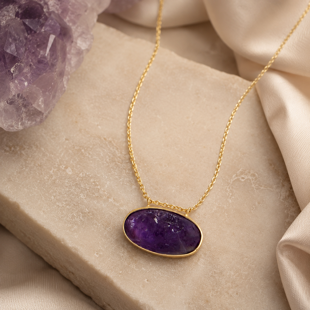 14 Karat Gold Plated Rough Cut Amethyst Slide Necklace