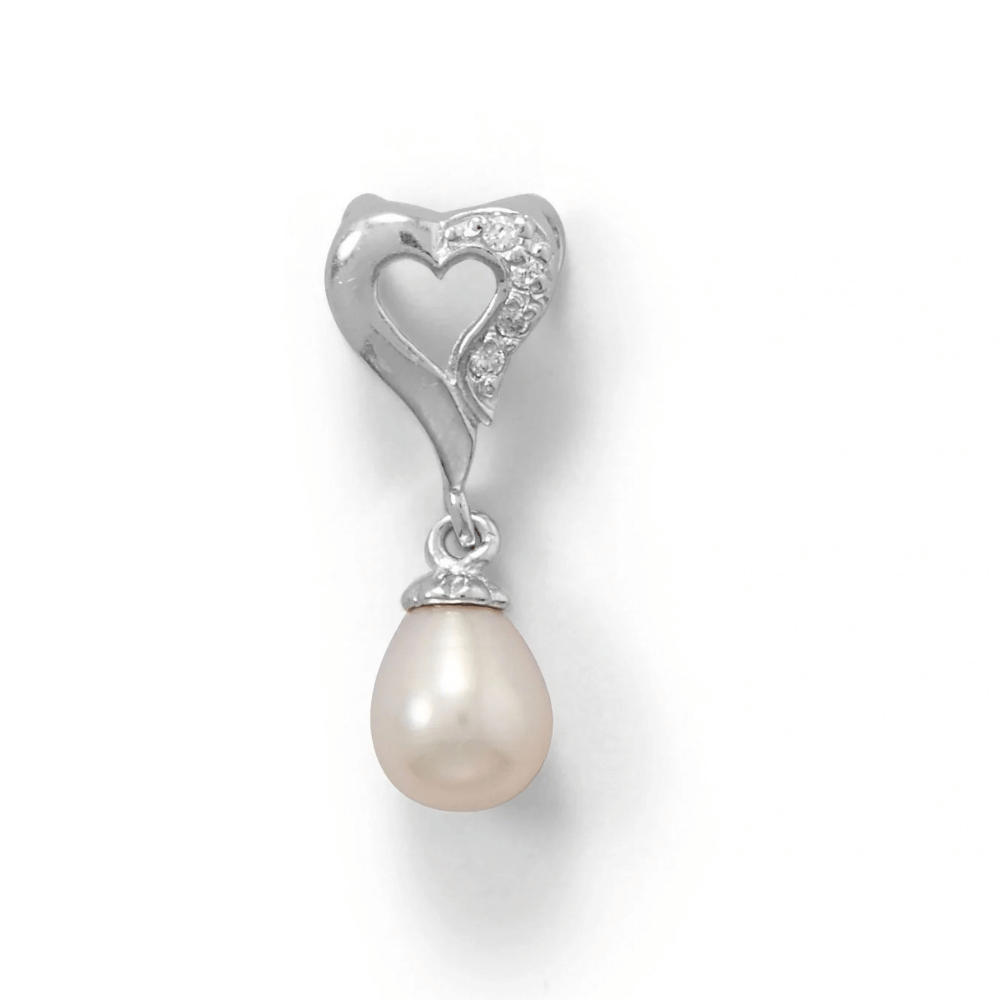 Rhodium Plated Cultured Freshwater Pearl and CZ Heart Slide Pendant - view 5