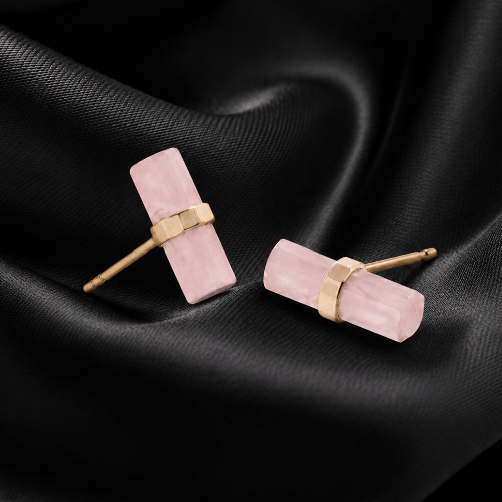 14 Karat Gold Plated Pencil Cut Rose Quartz Studs