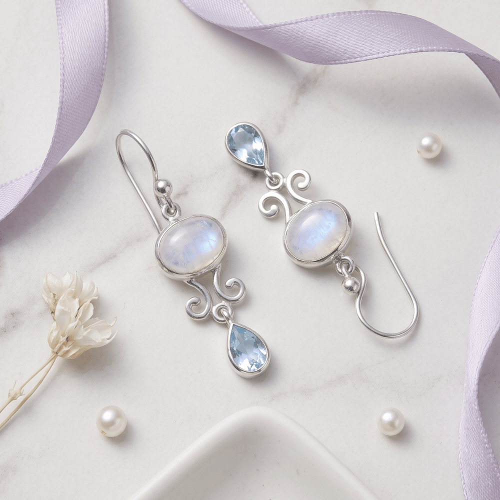 Rainbow Moonstone and Blue Topaz Drop Earrings